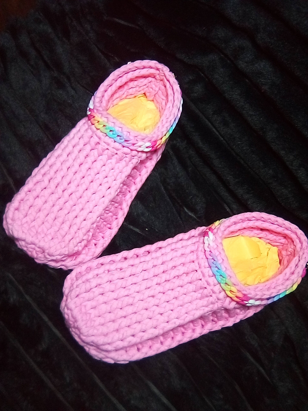 Kids Pink Knit Slippers with Rainbow Accent
